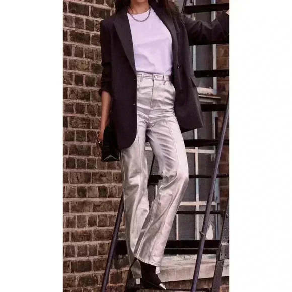 Mint Velvet Luxury Metallic Silver High Rise Leather Pants Size 10R - Picture 1 of 11